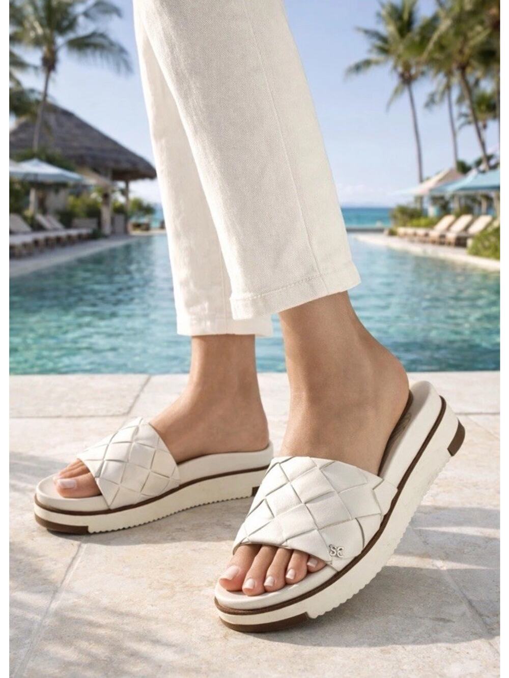 Sam Edelman Sandals Womens 7W Adaley Leather White Slide Slip On Woven Platform